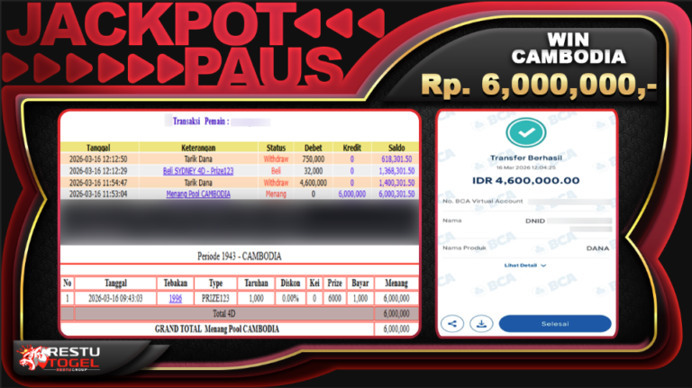 Bukti Jackpot RESTUTOGEL Slot Online Senin 16 Maret 2026 Rp. 6,000,000 – LUNAS