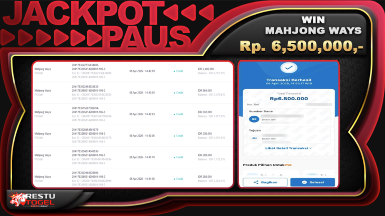 Bukti Jackpot RESTUTOGEL Slot Online Rabu 08 April 2026 Rp. 6,500,000 – LUNAS