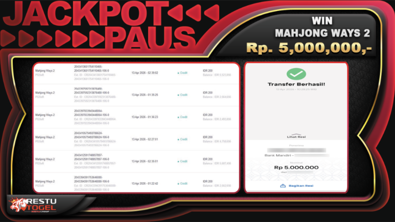 Bukti Jackpot RESTUTOGEL Slot Online Senin 13 April 2026 Rp. 5,000,000 – LUNAS