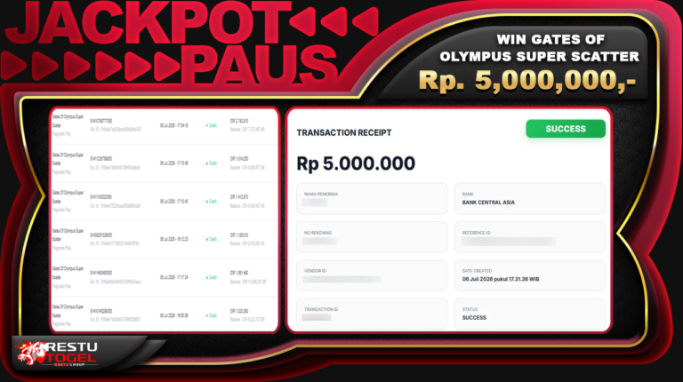 Bukti Jackpot RESTUTOGEL Slot Online Senin 06 Juli 2026 Rp. 5,000,000 – LUNAS